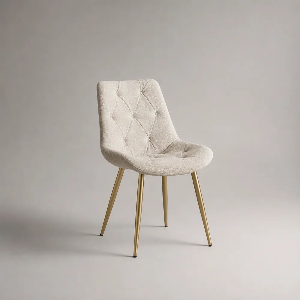 Esszimmerstuhl aus Polyester-Bouclé mit Knopfheftung und Stahlbeinen, Creme/Gold, 50 × 58 × 83 cm