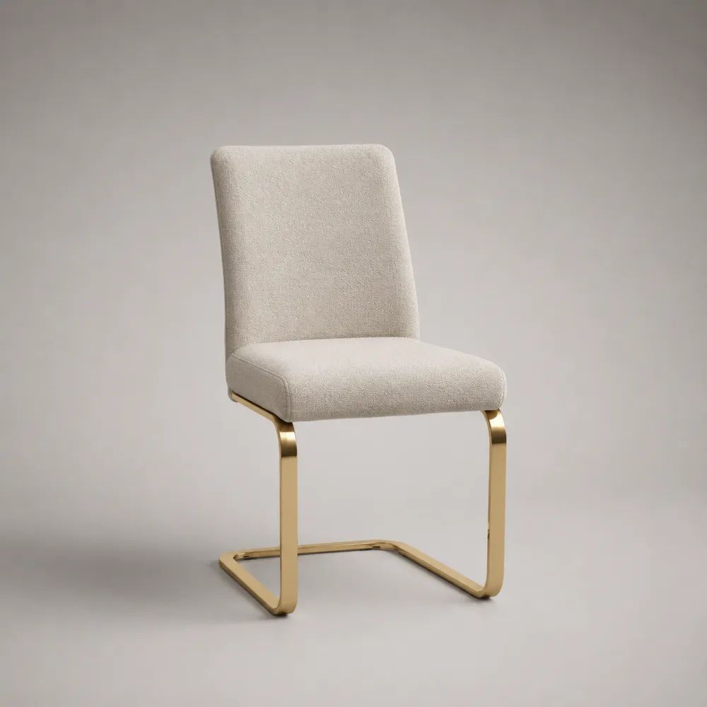 Esszimmerstuhl Freischwinger mit Bouclé-Stoffbezug und Metallgestell, Creme/Gold, 46 × 58 × 91 cm