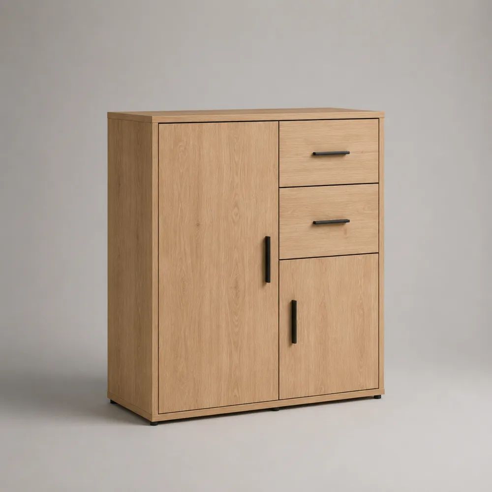 Highboard Sideboard aus melaminbeschichteter Spanplatte mit 2 Türen und 2 Schubladen, Eiche natur/Schwarz, 100 × 40 × 120 cm