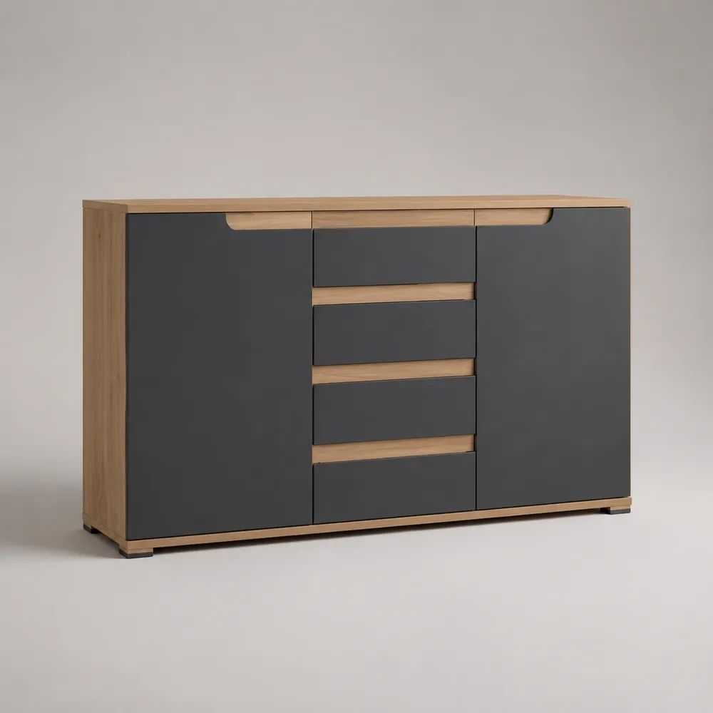 Modernes Sideboard aus Spanplatte und MDF mit 2 Türen und 4 Schubladen, Eichefarben/Anthrazit, 150 × 40 × 90 cm