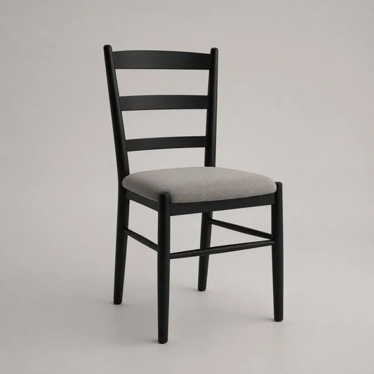 Esszimmerstuhl aus schwarz lackiertem Massivholz mit grauem Stoffbezug, 44 × 52 × 94 cm