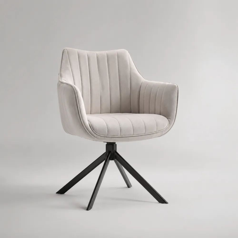 Drehbarer Esszimmerstuhl mit Armlehnen aus Samt und Stahl, Beige/Schwarz, 62 × 63 × 84 cm