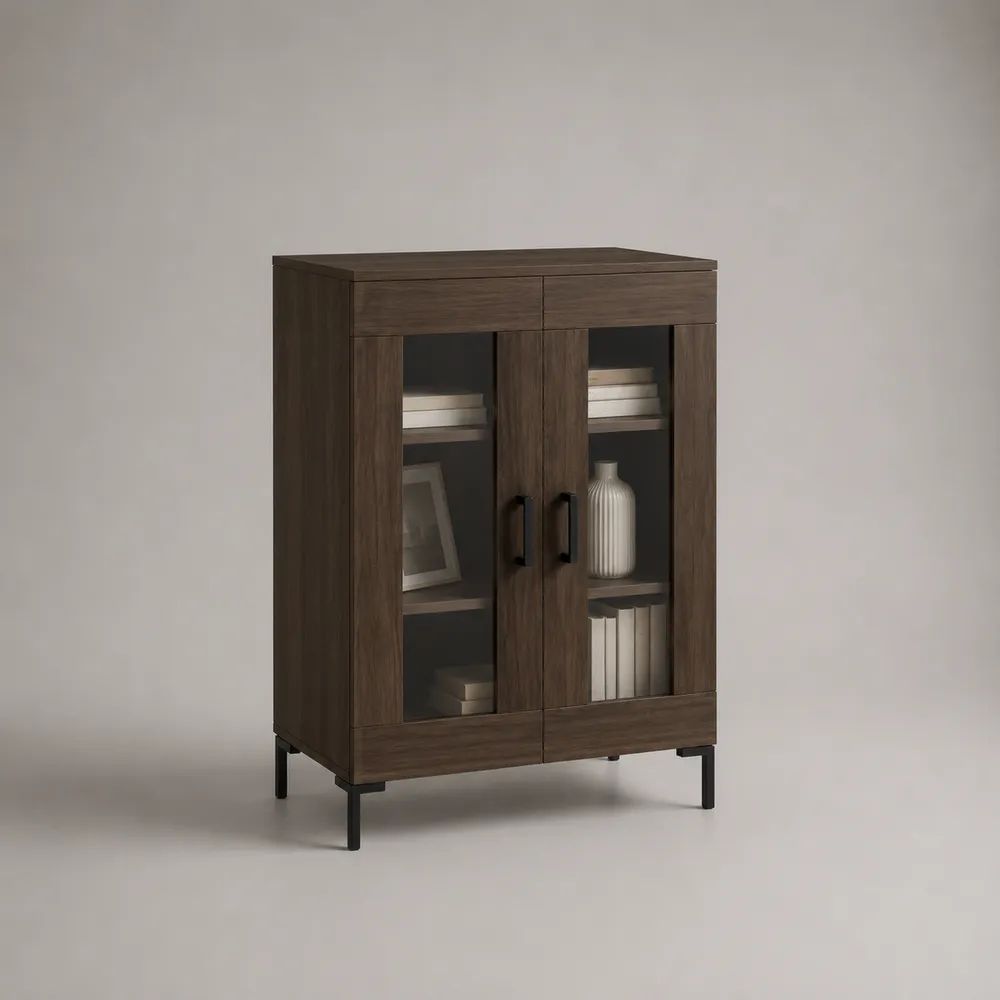 Vitrinenschrank Highboard aus MDF mit Holzdekor und 2 Glastüren, Dunkelbraun/Schwarz, 80 × 35 × 120 cm