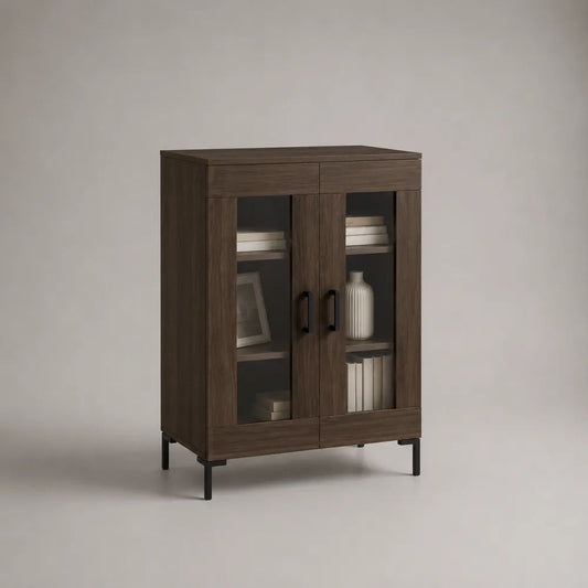 Vitrinenschrank Highboard aus MDF mit Holzdekor und 2 Glastüren, Dunkelbraun/Schwarz, 80 × 35 × 120 cm