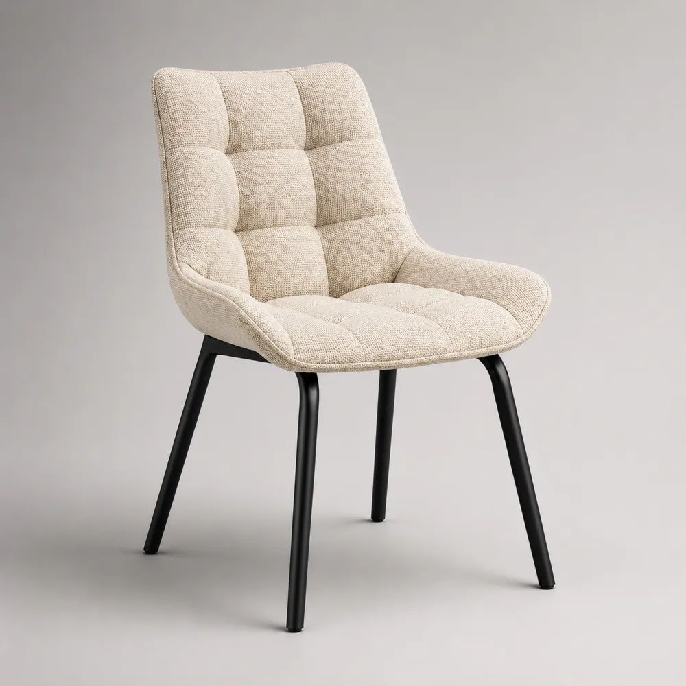 Gepolsterter Esszimmerstuhl mit geschwungener Sitzschale, Stoffbezug und Stahlgestell, Beige/Schwarz, 57 × 63 × 85 cm