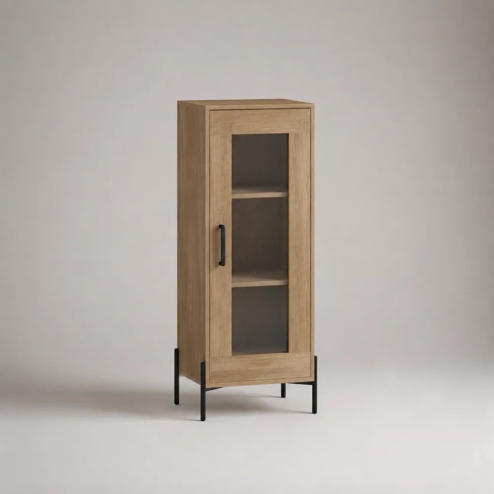 Vitrinenschrank Hochschrank mit Glastür aus Spanplatte und Stahl, Eiche Natur/Schwarz, 60 x 40 x 170 cm