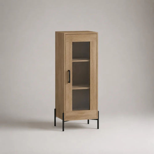 Vitrinenschrank Hochschrank mit Glastür aus Spanplatte und Stahl, Eiche Natur/Schwarz, 60 x 40 x 170 cm