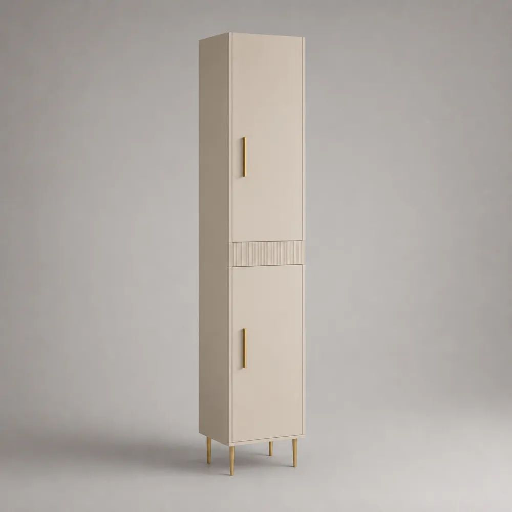 Hochschrank mit 2 Türen aus MDF und Spanplatte, Beige/Gold, 40 × 180 × 35 cm