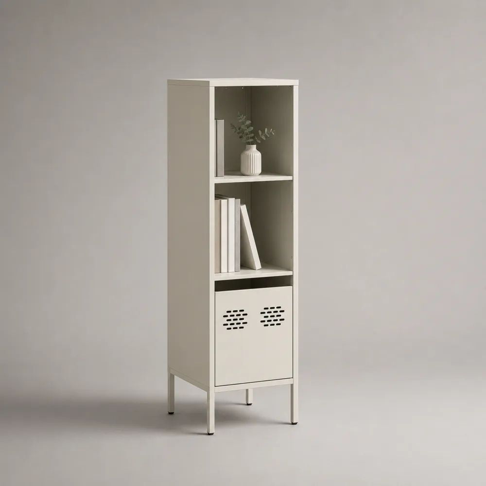 Buffetschrank aus Stahl mit 2 offenen Fächern und 1 Tür, Cremeweiß, 40 × 35 × 140 cm