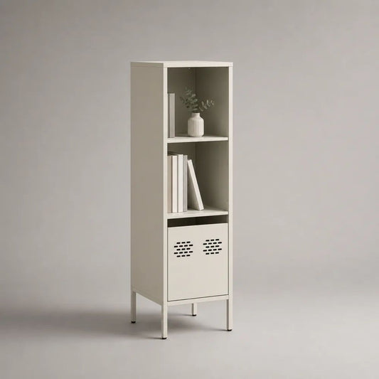 Buffetschrank aus Stahl mit 2 offenen Fächern und 1 Tür, Cremeweiß, 40 × 35 × 140 cm