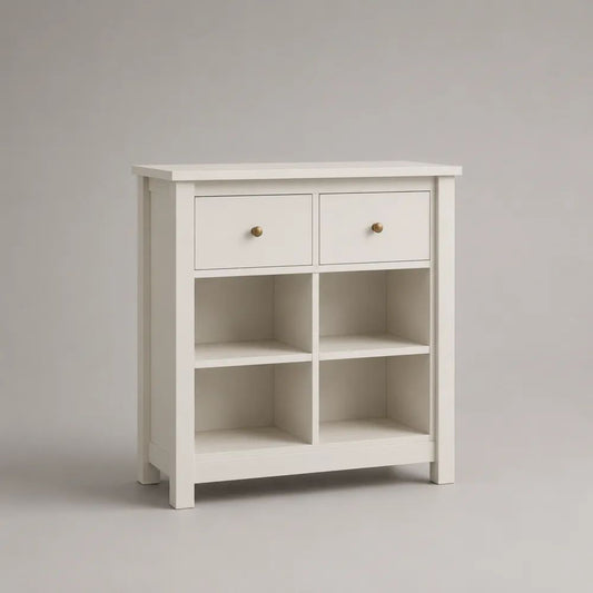 Sideboard aus MDF mit 2 Schubladen und 4 offenen Fächern, Weiß/Messingfarben, 80 × 35 × 90 cm
