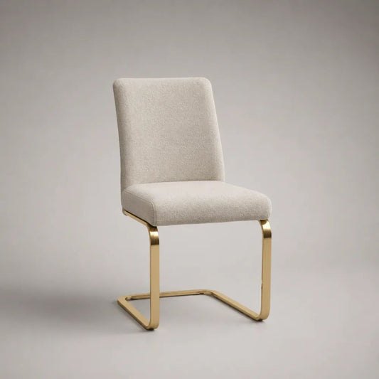 Esszimmerstuhl Freischwinger mit Bouclé-Stoffbezug und Metallgestell, Creme/Gold, 46 × 58 × 91 cm
