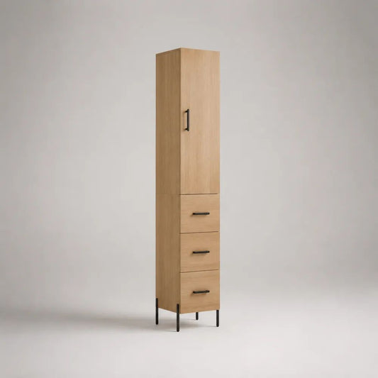 Hochschrank aus Spanplatte und Stahl mit 1 Tür und 3 Schubladen, Eiche natur/Schwarz, 40 × 35 × 190 cm