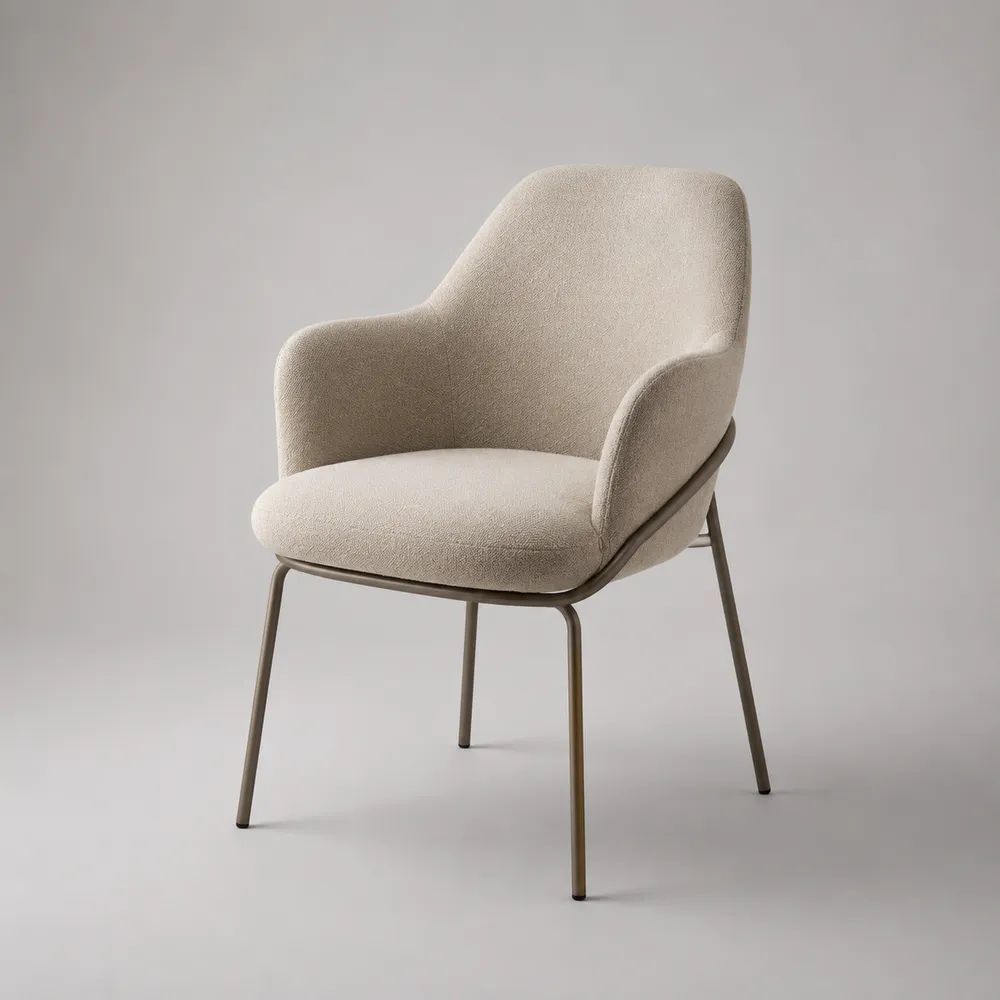 Esszimmerstuhl mit Armlehnen, Bouclé-Bezug und Stahlgestell, Beige/Braun, 58 × 61 × 84 cm