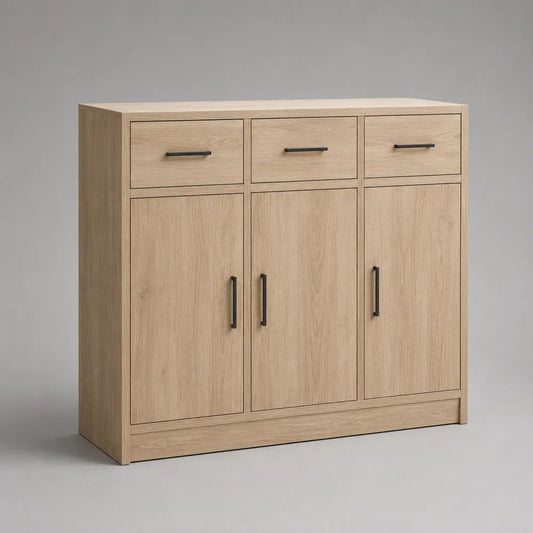 Sideboard Highboard aus Holz mit 3 Türen und 3 Schubladen, Eiche hell/Schwarz, 120 × 40 × 110 cm