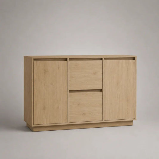 Rechteckiges Sideboard aus Holz mit 2 Türen und 2 Schubladen, Eiche Natur, 120 × 40 × 80 cm