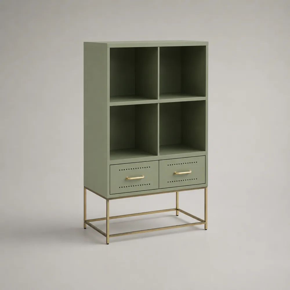 Highboard-Buffetschrank aus Stahl mit 4 offenen Fächern und 2 Schubladen, Grün/Goldfarben, 90 × 35 × 150 cm