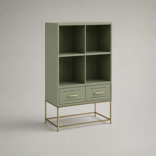 Highboard-Buffetschrank aus Stahl mit 4 offenen Fächern und 2 Schubladen, Grün/Goldfarben, 90 × 35 × 150 cm