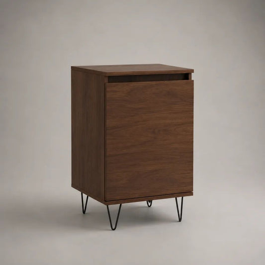 Sideboard-Buffetschrank mit 1 Tür aus MDF mit Walnussfurnier und Stahlbeinen, Dunkelbraun/Schwarz, 60 × 40 × 82 cm