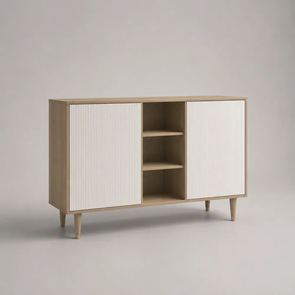 Sideboard Buffetschrank aus MDF und Spanplatte mit 2 Türen und 3 offenen Fächern, Eichefarben/Weiß, 120 × 40 × 85 cm