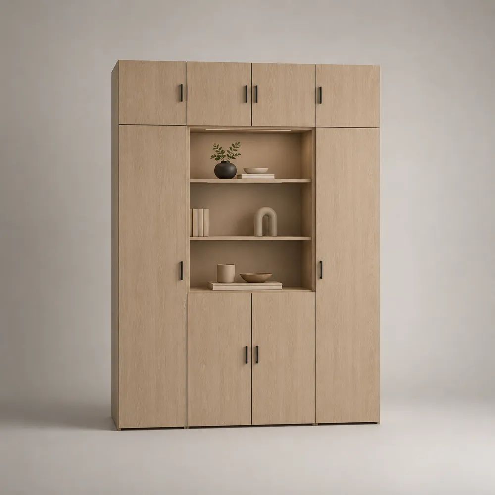 Buffetschrank aus Holzwerkstoff mit 8 Türen und 2 offenen Ablagen, Helle Eiche/Schwarz, 180 × 40 × 240 cm
