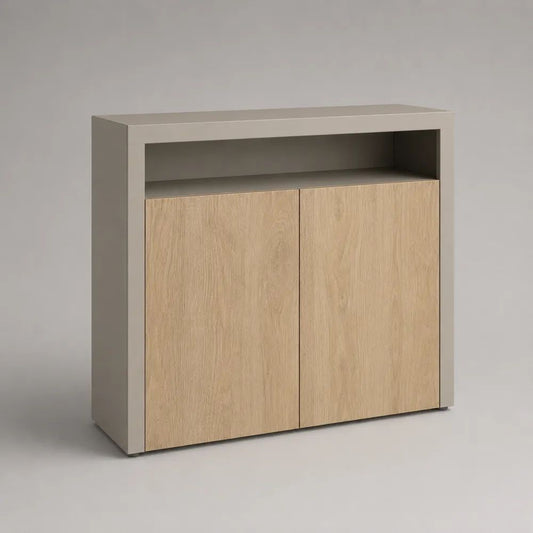 Sideboard Kommode mit 2 Türen und offenem Fach aus melaminbeschichteter Spanplatte, Greige/Eichefarben, 100 × 35 × 105 cm