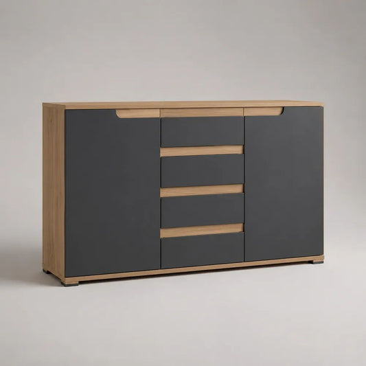 Modernes Sideboard aus Spanplatte und MDF mit 2 Türen und 4 Schubladen, Eichefarben/Anthrazit, 150 × 40 × 90 cm